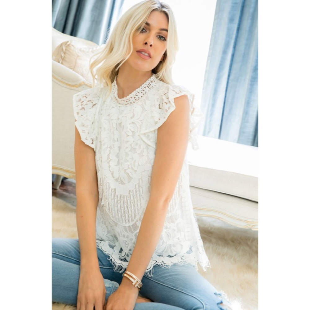 SOLD OUT White Eyelash Lace Romantic Mock Neck Ruffled Cap Sleeve Top Blouse - Picture 7 of 9